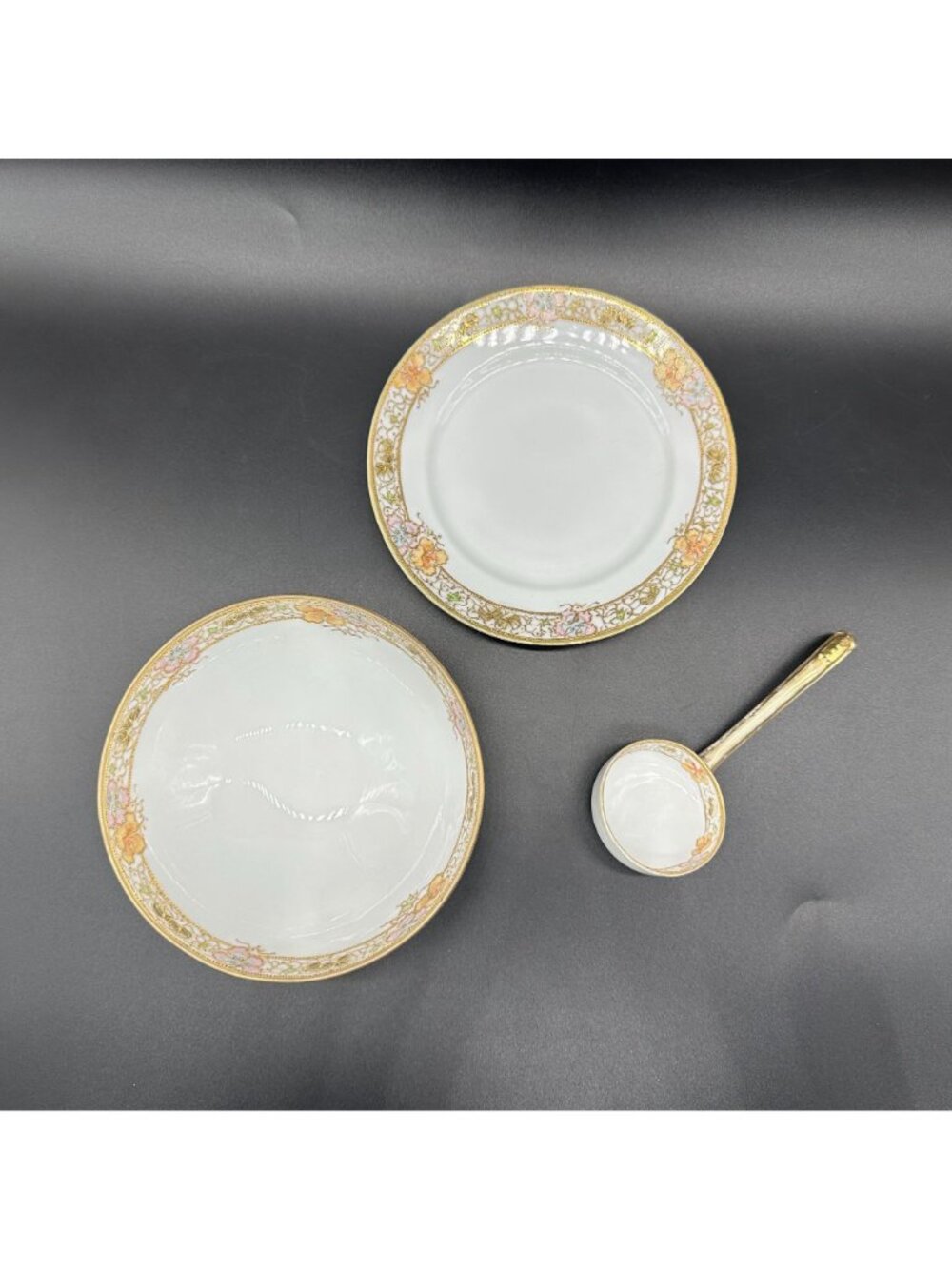 Antique Nippon Hand Painted Floral Moriage Gold Footed Dish Set Ladle Plate - Picture 3 of 10